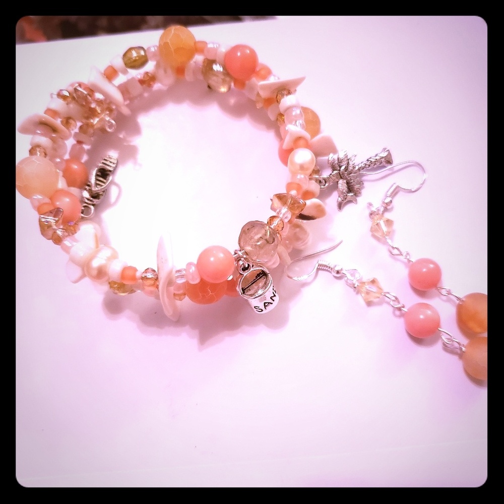 Beautiful Agate, Coral, pearl Bracelet and Earring